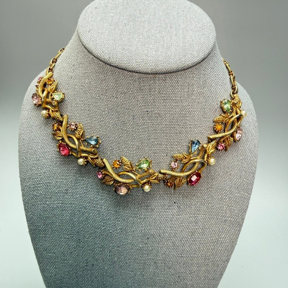 Vintage STAR Gold Tone Multicolor Rhinestone Choker Necklace 15" MCM Chic Signed